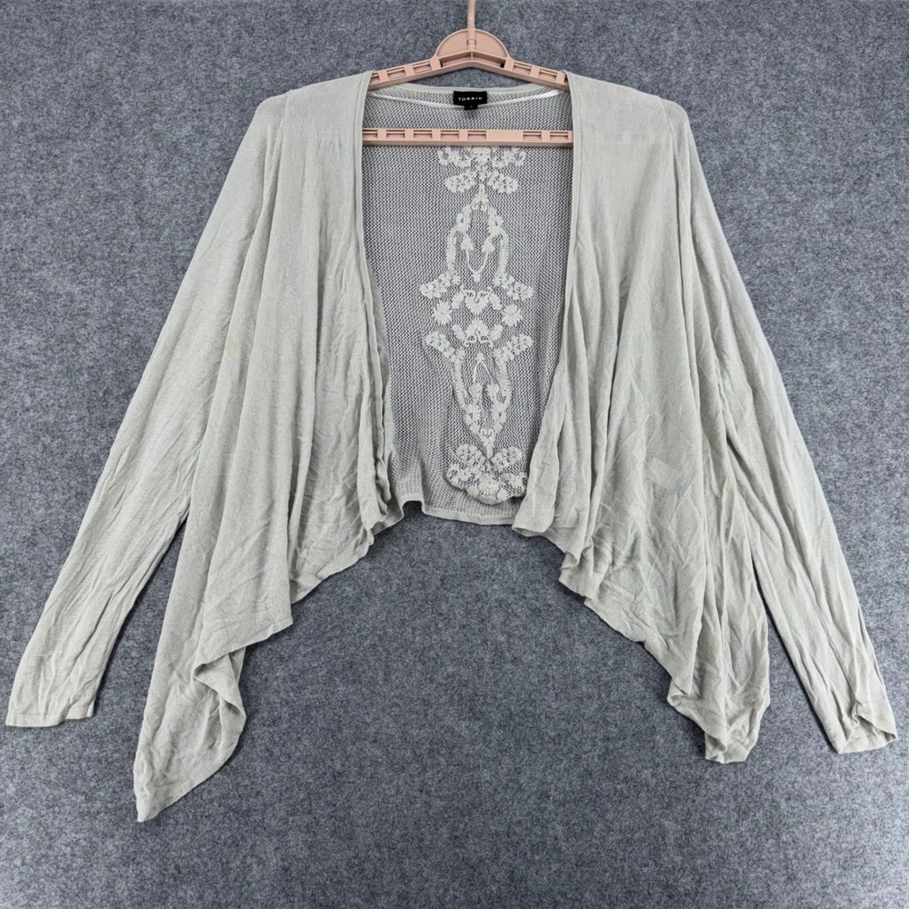Torrid Womens Oatmeal Beige Open Front Cardigan Crochet Lace Back Inset Size 0